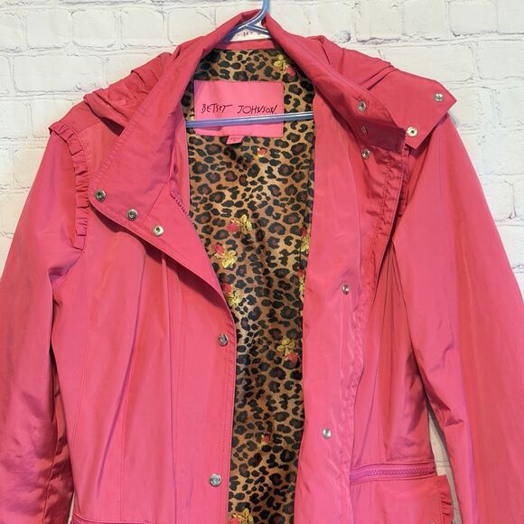 Betsey Johnson Pink Raincoat Anorak Jacket Hooded Drawstring Zip Cinched Waist - Picture 2 of 13